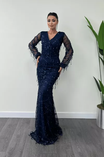 Pul Saçaklı Tasarım Elbise - Lacivert