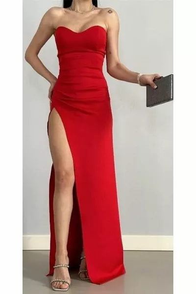 Women's Red Color Deep Slit Strapless Evening Dress Graduation Dress