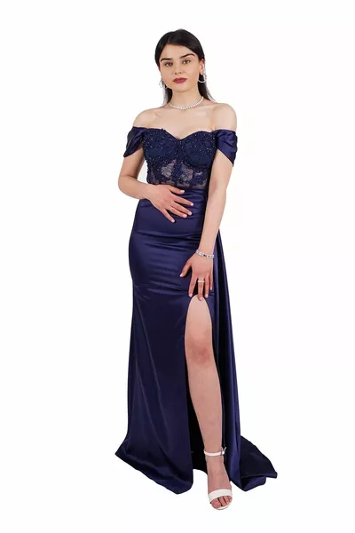 Тъмносин камък бродирани прозрачни сатен вечерна рокля