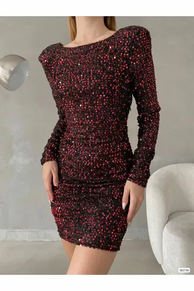 Long Sleeve Sequin Mini Evening Dress in Back Low-Cut