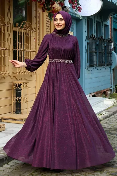 Хиджаб вечерна рокля с кръста камък - лилаво