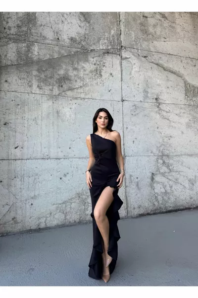 Nastiya One Shoulder Ruffle Slit Evening Dresses  BLACK