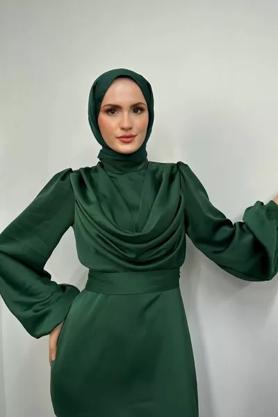 Amber Drape Detail Satin Evening Dress Emerald