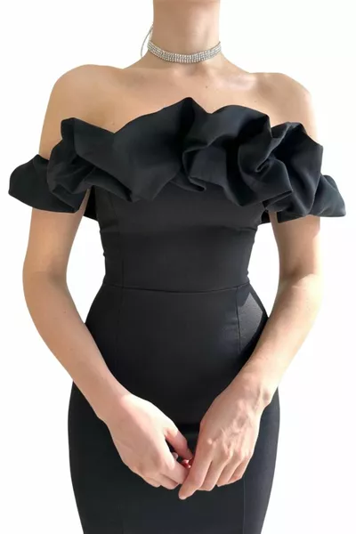 Kısa Abiye, Midi Omuzu Açık Kalem Elbise, Saks, Pembe, Kırmızı, Siyah Kokteyl Mezuniyet Elbisesi,S-L