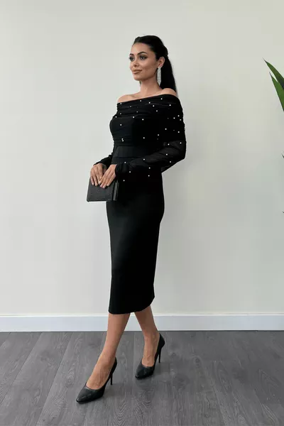 Bleistiftkleid aus Crêpe-Stoff mit Perlen und Bolero - SCHWARZ