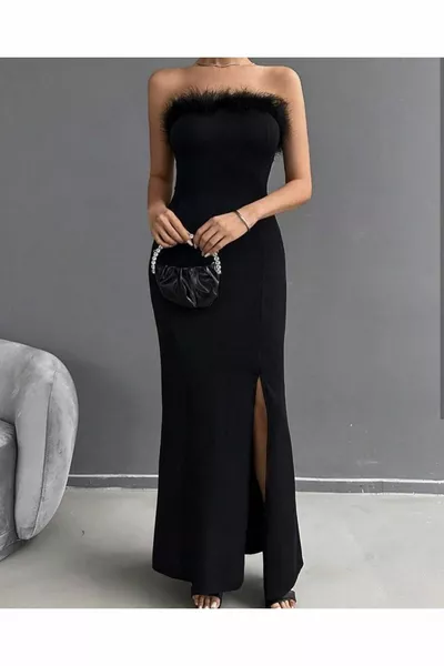 أسود أفخم ريشة مفصلة فستان أسود شق ثوب