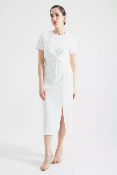 المرأة اللؤلؤ الأبيض مفصلة شق ميدي اللباس