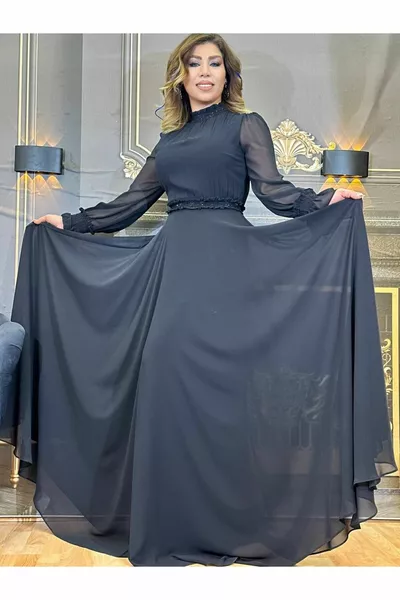 рокля вечерна рокля дълга шифон затворена разкроена бродирана черна високо качество