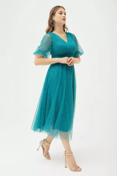 Жените тюркоаз балон ръкав блясък вечерна рокля