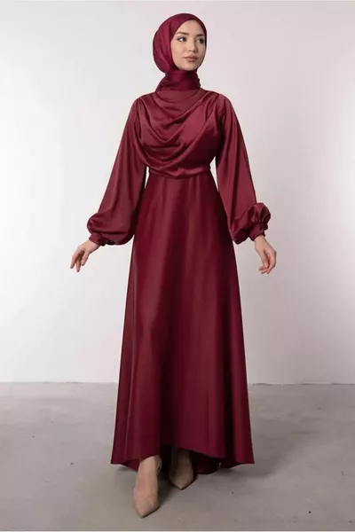 KADIN BORDO SATEN ABİYE ELBİSE T 
