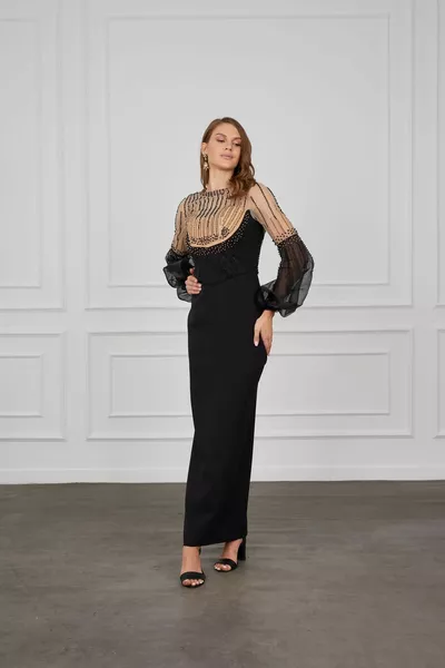 ЧЕРЕН перлен камък аксесоар балон органза ръкав подробни вечерна рокля 