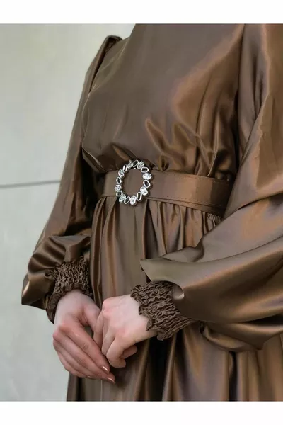 Balloon Sleeve Satin Evening Dress Gold