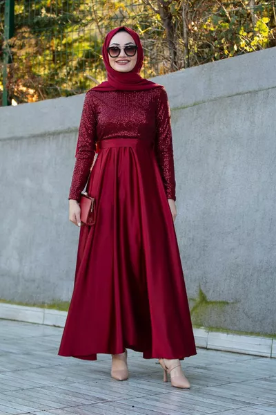 Sequin Robe Satin Hijab Evening Dress-Burgundy