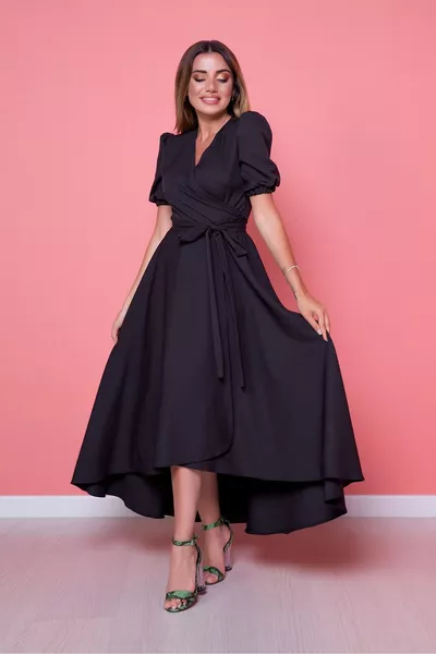 غير متماثلة قطع مزدوجة الصدر طوق قصيرة الأكمام ميدي أسود مساء اللباس