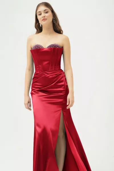 المرأة الحجر الأحمر الباليه مشد طويل الساتان مساء اللباس مع شق