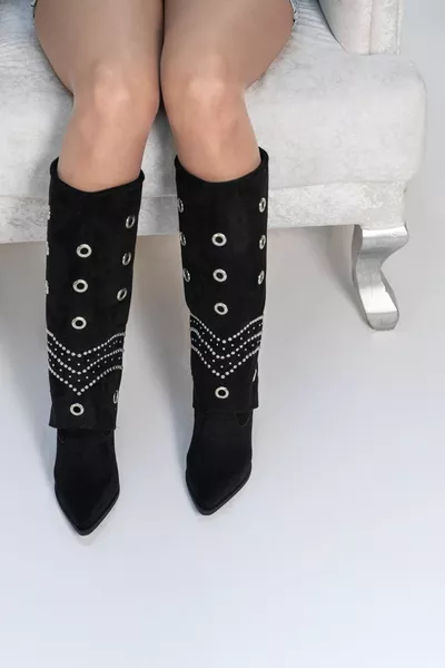 Hola المرأة السوداء من جلد الغزال رعاة البقر الغربية الأحذية ذات الكعب