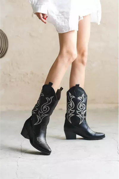 حذاء داريل كاوبوي نسائي - جلد أسود