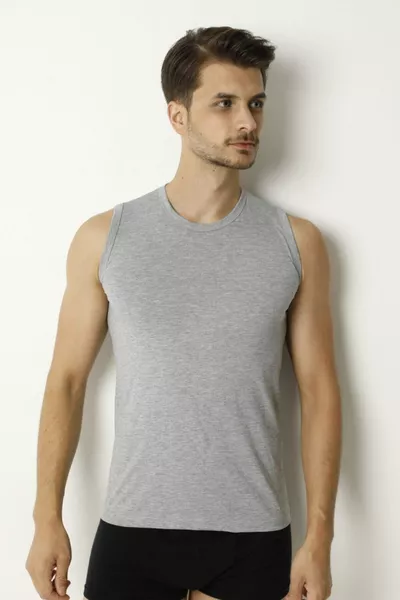 تي شيرت رجالي بدون أكمام وياقة على شكل O باللون الرمادي، ٪ قطن، ٪ بوليستر، قطن 