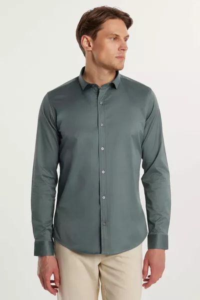 Мъжка зелена риза от памук сатен с ликра, с дълъг ръкав, тясна кройка