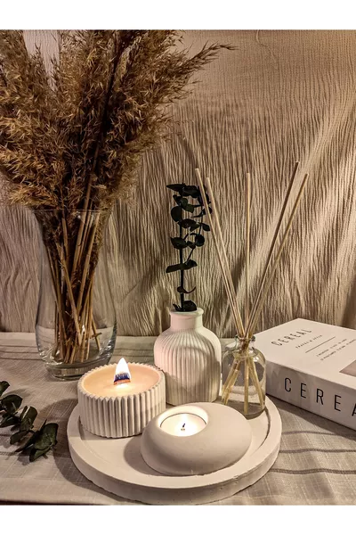 Ensemble décoratif de 5 pièces Bougie Vase rayé Bougeoir tealight et Parfum d'ambiance