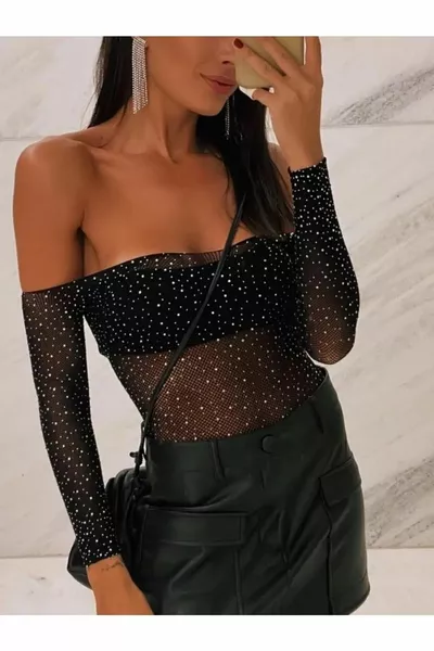 المرأة بلوزة المحاصيل الحجر تألق bodysuit مزيج ملابس السهرة