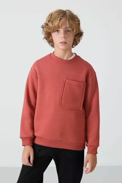 Теракота-черен памучен дебел анцуг с вътрешен пух, стандартно прилягане, с щампа за момчета - 