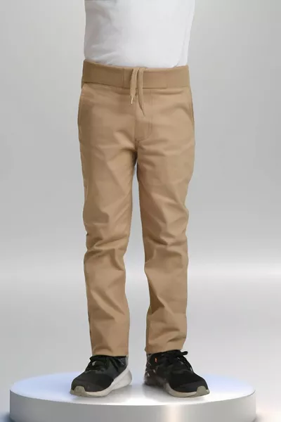 Boys' and Girls' Elastic Ribbed Waist Camel Beige-Black Tapered Leg Canvas School Pants (Ages )