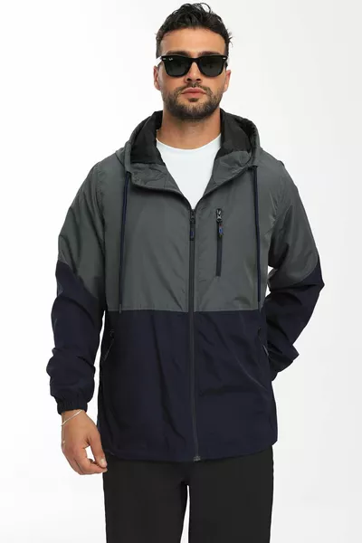 Herren Regenjacke/Windjacke mit Kapuze, zwei Farbtönen Anthrazit-Blau und gefüttert mit Taschen