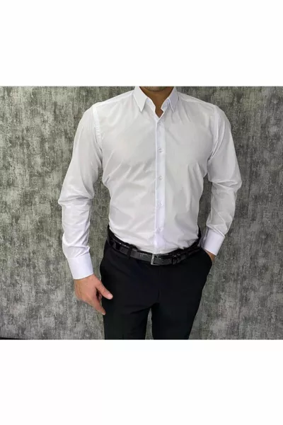 Мъжка бяла риза с тънка кройка