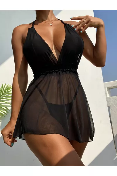 Black Elegant Tulle Back Elastic Mini Nightgown and Thong Set