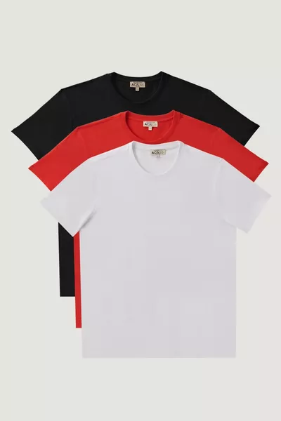 Мъжка базова памучна тениска 3 в 1, бяла-червена-черна, тясна кройка, Slim Fit, с обло деколте, % памук
