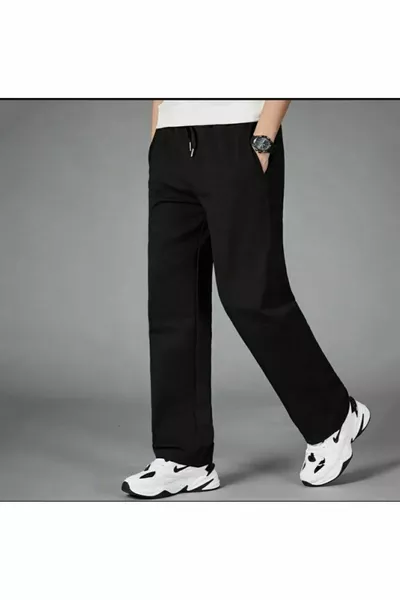 سروال رياضي رجالي أسود بساق مستقيمة وقصّة مريحة