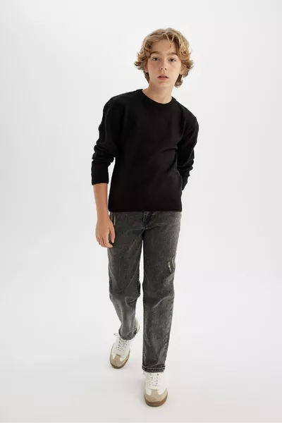 Boys' Black Crew Neck Basic Plain Knit Sweater wn
