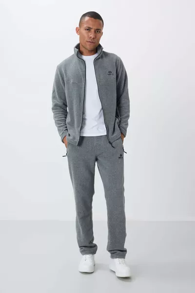 بدلة رجالية من البولار بلون رمادي ممزوج، بياقة عالية، سحاب، جيوب، مقاس قياسي - 