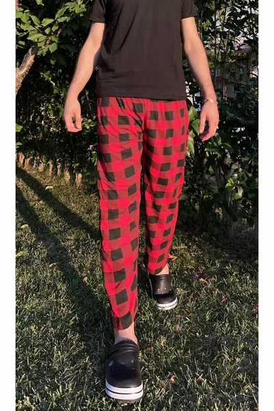 Herren Schlafanzughose ohne Taschen in kariertem Muster, Jogginghose, Rot mit Fenstermuster