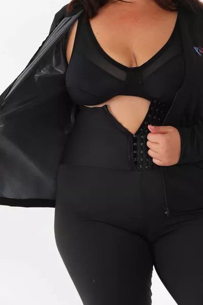 طقم ساونا حراري بنطال ضيق خصر عالي جدًا بسحّاب وطقم بسحاب طويل الأكمام حراري