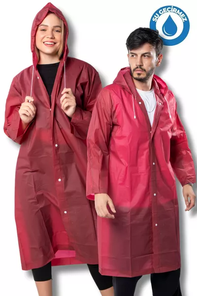 Impermeabile da donna e uomo con cappuccio, chiusura a scatto, Eva bordeaux 