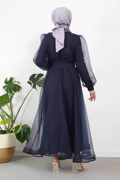 Robe de soirée à manches ballon col bleu marine