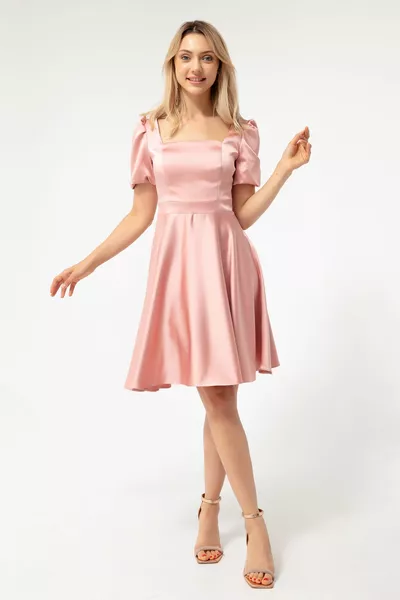 المرأة مسحوق بالون الأكمام المتوهجة قطع ميدي الساتان مساء اللباس