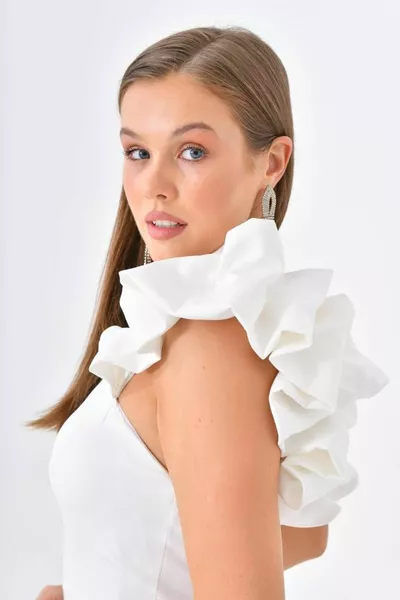 One Shoulder Ruffle Detailed Short Evening Dress