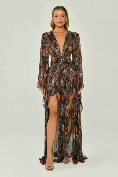 Patterned Glitter Chiffon Dress with Open Waist Buckle on the Sides