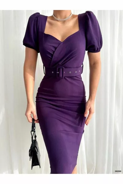 Double-breasted Collar Short Sleeve Belted Midi Length Crepe Fabric Dress Promise Wedding Engagement Graduation