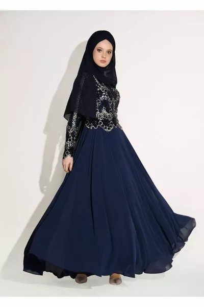 Women's Navy Blue Embroidered Chiffon Evening Dress 