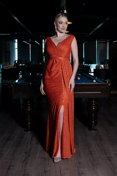 Orange Sleeveless Double-breasted Collar Long Sequin Evening Dress 