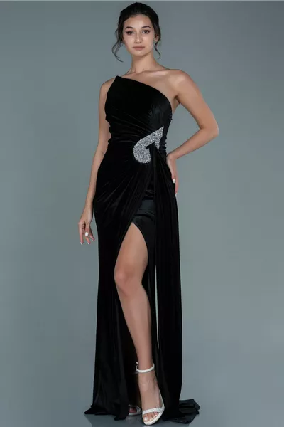 Black Single Shoulder Leg Low-Cut Long Velvet Evening Dress 