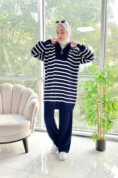 рукав баллон полосатая полумолния темно-синий женский трикотаж двойной комплект