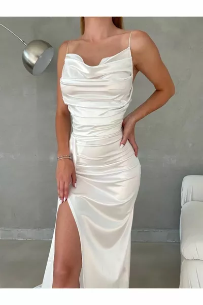 Women's White Strapless Degaje Collar Thin Strap Drape Detail Long Tail Slit Satin Evening Dress