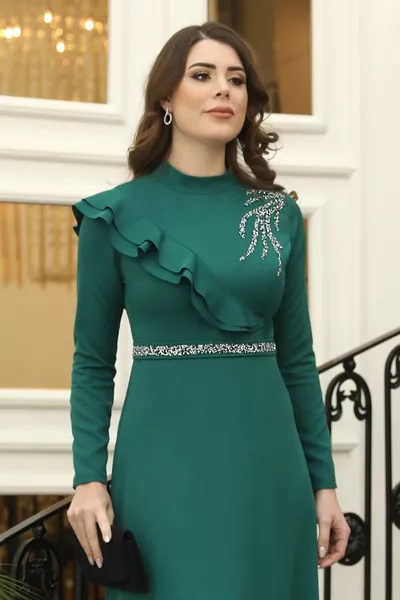 Evening Dress ELF with Walloon and Stone Deta at the Shoulder