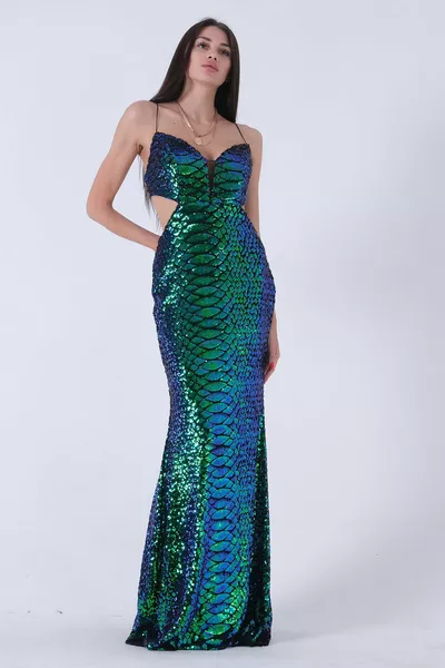 Back Low-Cut Sequined Evening Dresses Green 