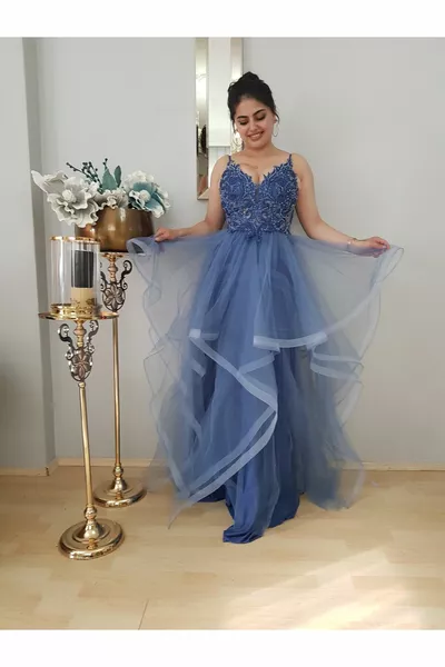 WOMEN'S INDIGO ASYMMETRIC GUIPURE STONE EMBROIDERY SPECIAL DESIGN FLUFFY EVENING DRESS WITH BACK LACES